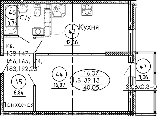 1-комн., 39.13 м², 3/9 этаж, ЖК «Рокада»