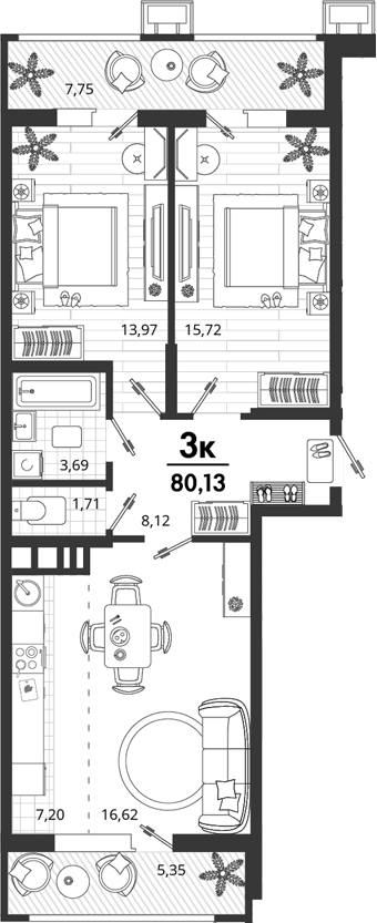 2-комн., 67.03 м², 5/9 этаж, ЖК «Родные Просторы»