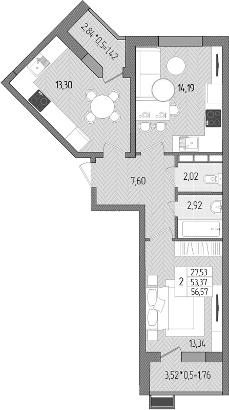 2-комн., 53.39 м², 2/8 этаж, ЖК «Сады у моря»