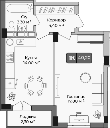 1-комн., 39.51 м², 1/9 этаж, ЖК «Опера»