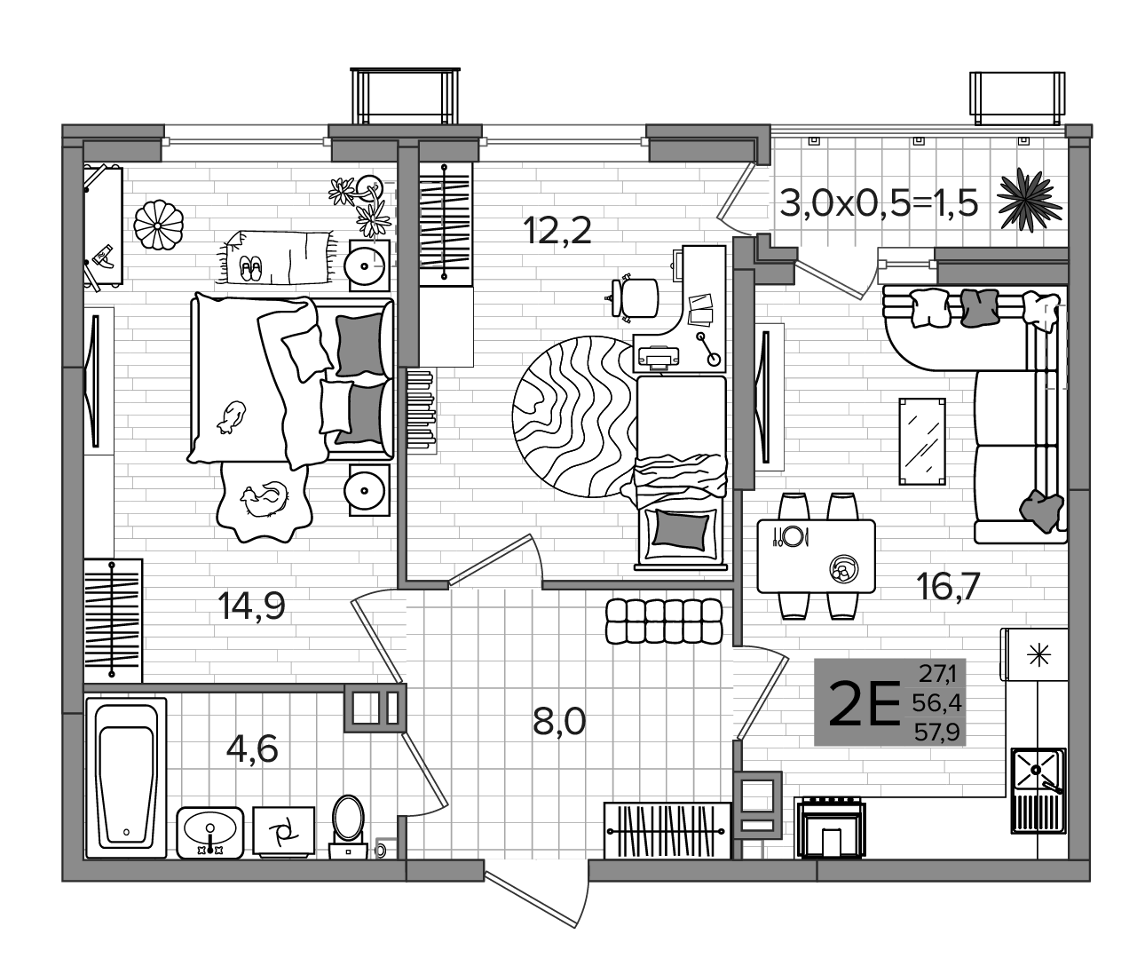 3-комн., 56.4 м², 6/16 этаж, ЖК «Сармат»