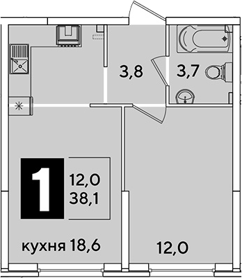 2-комн., 38.1 м², 2/16 этаж, ЖК «Самолет»