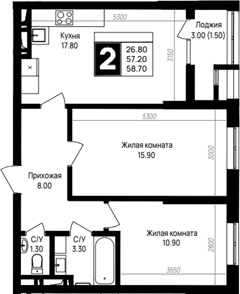 2-комн., 57.2 м², 12/12 этаж, ЖК «На высоком берегу»