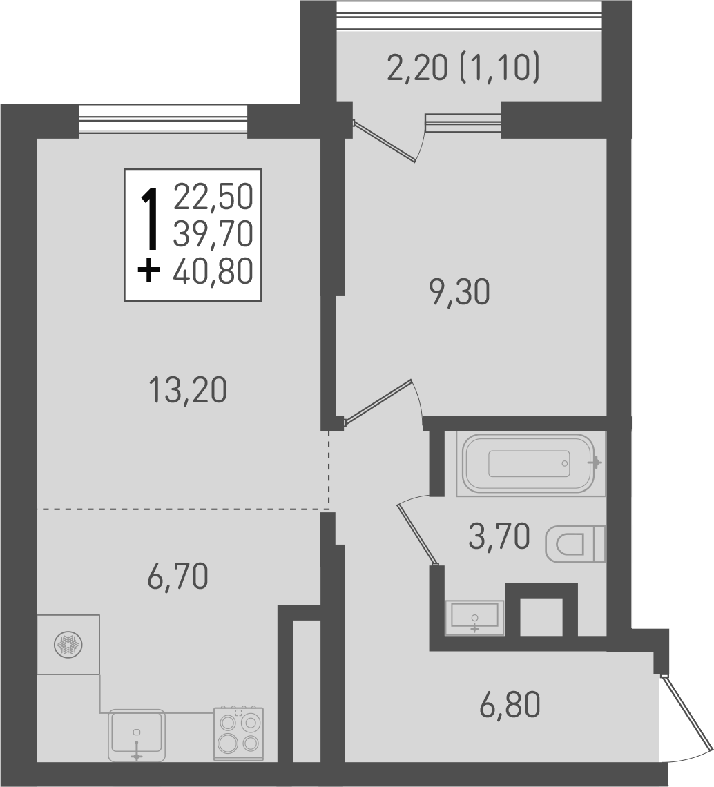 2-комн., 39.7 м², 2/8 этаж, ЖК «Югге»
