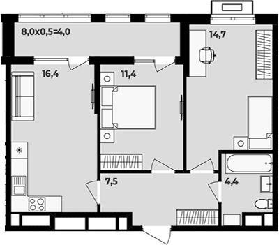 3-комн., 54.4 м², 8/16 этаж, ЖК «МегаСити»
