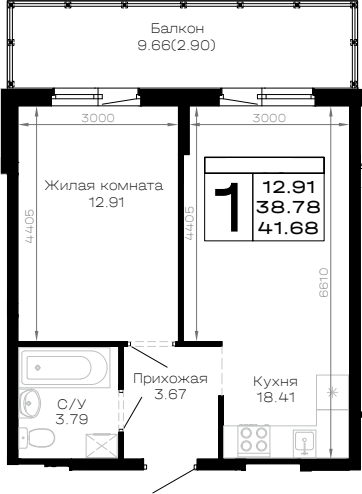 1-комн., 38.78 м², 4/4 этаж, ЖК «Усадьба Гостагаевская»