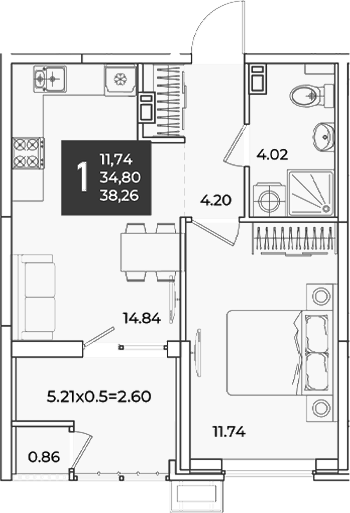 1-комн., 34.8 м², 6/18 этаж, ЖК «Образцово»