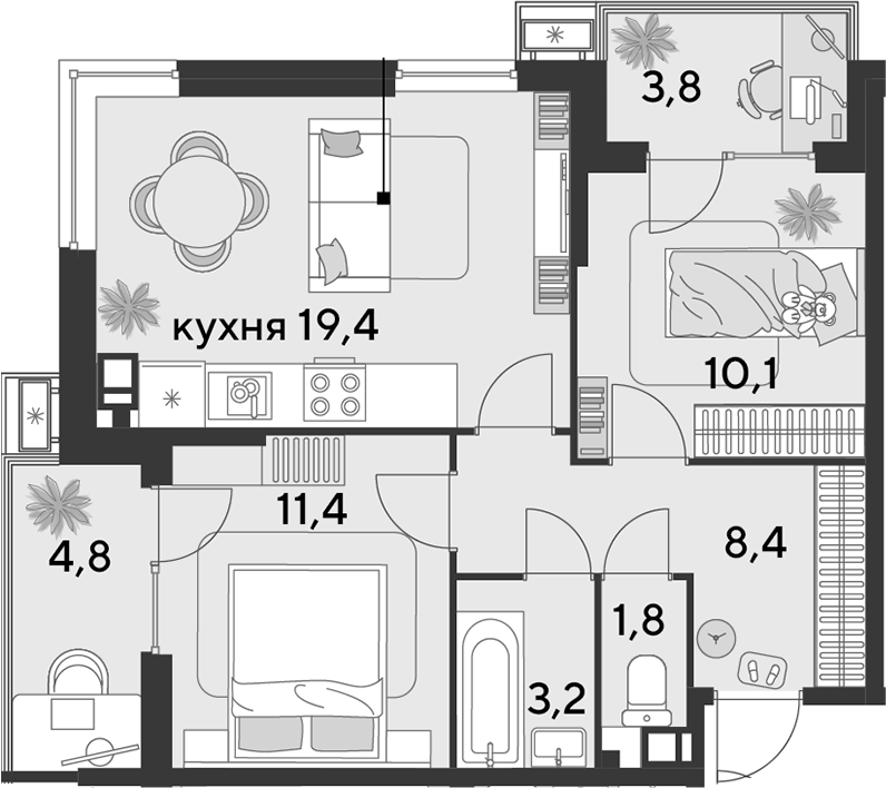 3-комн., 54.3 м², 4/9 этаж, ЖК «Парк Победы»