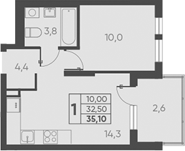 1-комн., 32.5 м², 13/15 этаж, ЖК «Барса»