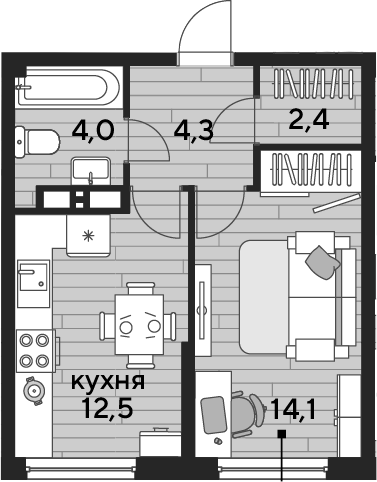 1-комн., 37.3 м², 13/16 этаж, ЖК «DОГМА ПАРК»