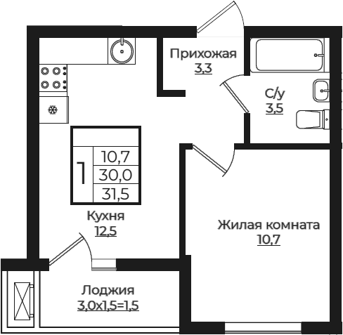 1-комн., 30 м², 7/7 этаж, ЖК «Европа-Сити»