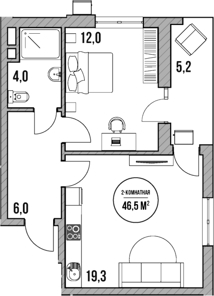2-комн., 41.3 м², 5/5 этаж, ЖК «МореТут»