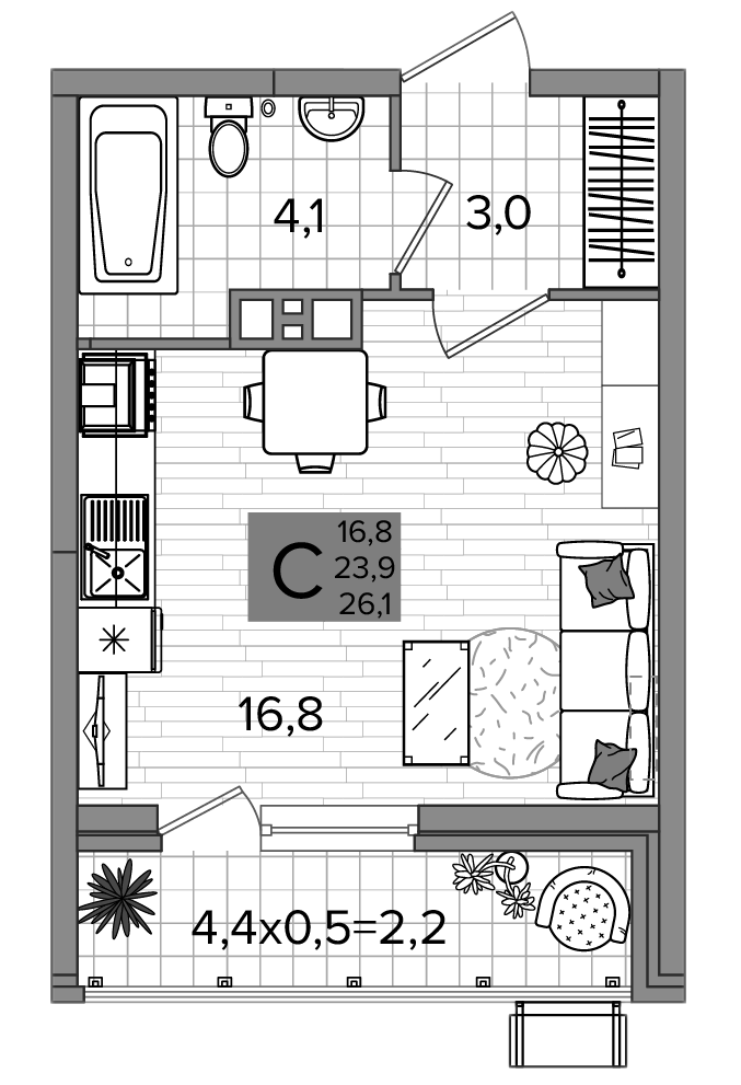 Студия, 23.9 м², 3/16 этаж, ЖК «Сармат»