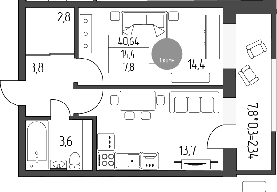 1-комн., 38.3 м², 5/5 этаж, ЖК «Лермонтов»