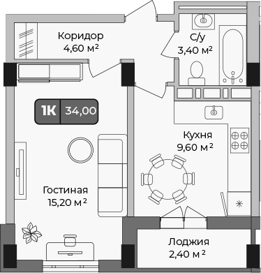 1-комн., 32.8 м², 1/9 этаж, ЖК «Опера»