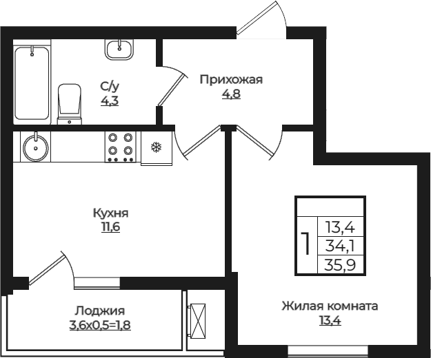 1-комн., 34.1 м², 5/7 этаж, ЖК «Европа-Сити»