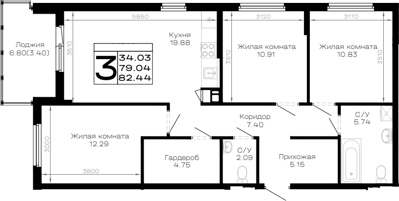 3-комн., 79.04 м², 3/4 этаж, ЖК «Усадьба Гостагаевская»