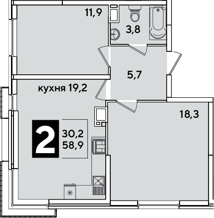 3-комн., 58.9 м², 13/16 этаж, ЖК «Самолет»