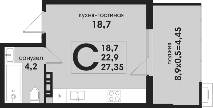 Студия, 22.9 м², 3/4 этаж, ЖК «Новая Елизаветка»