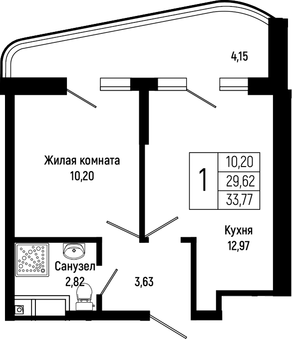 1-комн., 29.5 м², 4/16 этаж, ЖК «Sun Hills Ольгинка»