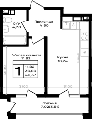 1-комн., 36.86 м², 6/9 этаж, ЖК «ЮЖНО»