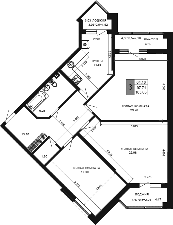 3-комн., 97.71 м², 1/12 этаж, ЖК «Сегодня»