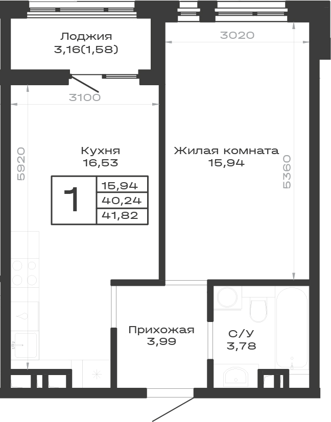 1-комн., 40.24 м², 9/9 этаж, ЖК «Суворов. ГК Во-первых»