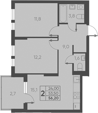 2-комн., 53.5 м², 4/15 этаж, ЖК «Барса»