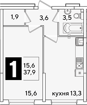 1-комн., 37.9 м², 2/16 этаж, ЖК «Самолет»