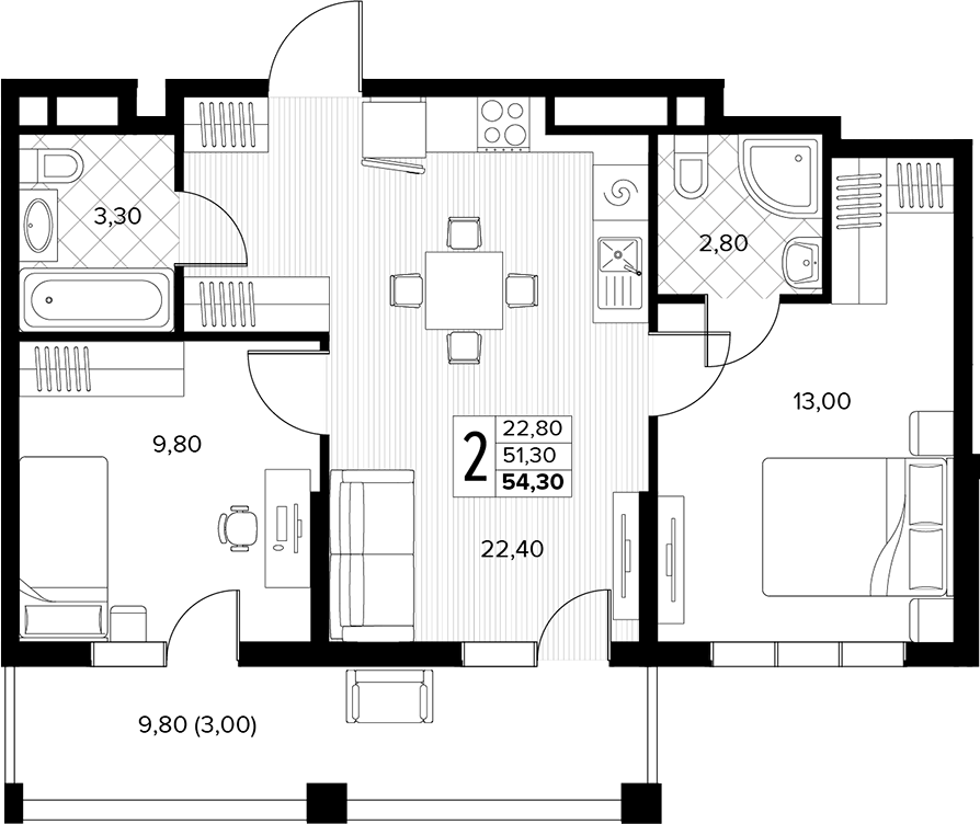 2-комн., 51.3 м², 3/6 этаж, ЖК «Кипарис»