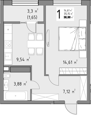 1-комн., 35.15 м², 4/15 этаж, ЖК «Коллекция»