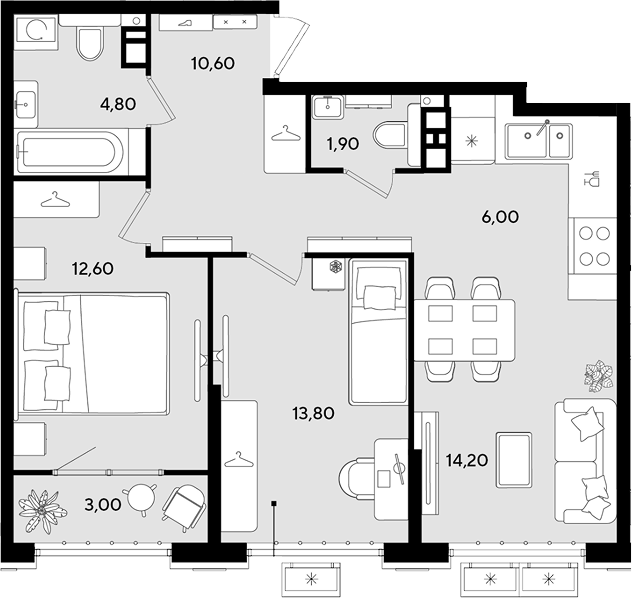 3-комн., 63.9 м², 7/9 этаж, ЖК «Порто-Ново»