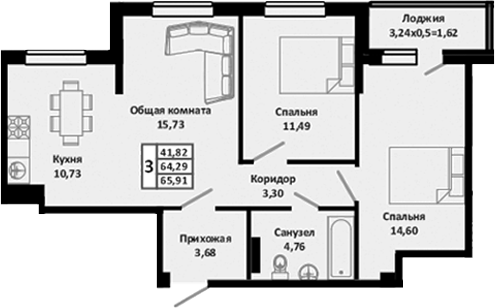 3-комн., 64.29 м², 4/4 этаж, ЖК «Южные Соседи»