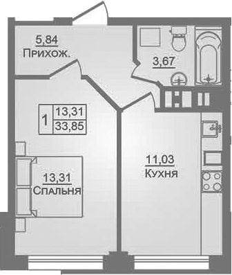 1-комн., 33.9 м², 1/9 этаж, ЖК «Портрет»