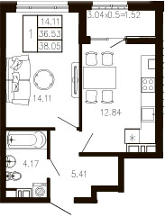 1-комн., 36.58 м², 7/9 этаж, ЖК «Суворов»