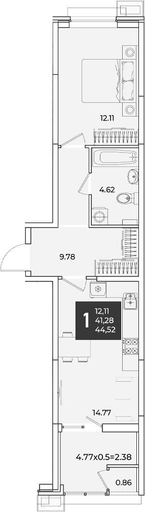Продается 1-комн. квартира, 41.28 м²