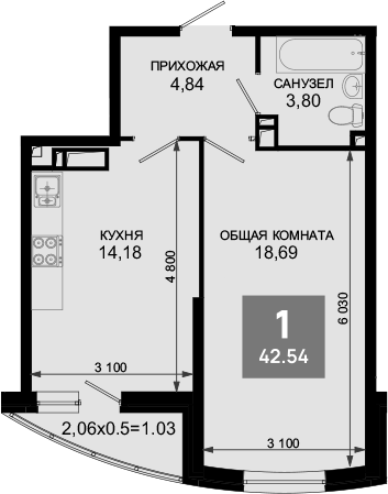1-комн., 41.51 м², 18/19 этаж, ЖК «Лучший»