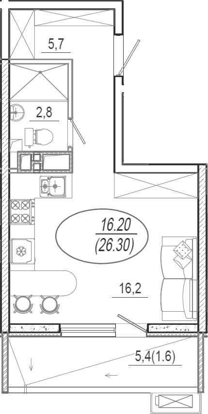 Студия, 24.7 м², 7/15 этаж, ЖК «Микрорайон Южане»