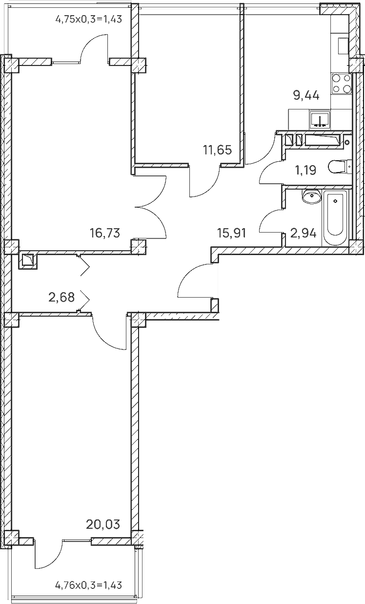 3-комн., 78.67 м², 7/9 этаж, ЖК «Две реки»