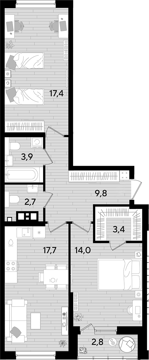 2-комн., 68.9 м², 3/16 этаж, ЖК «DОГМА ПАРК»