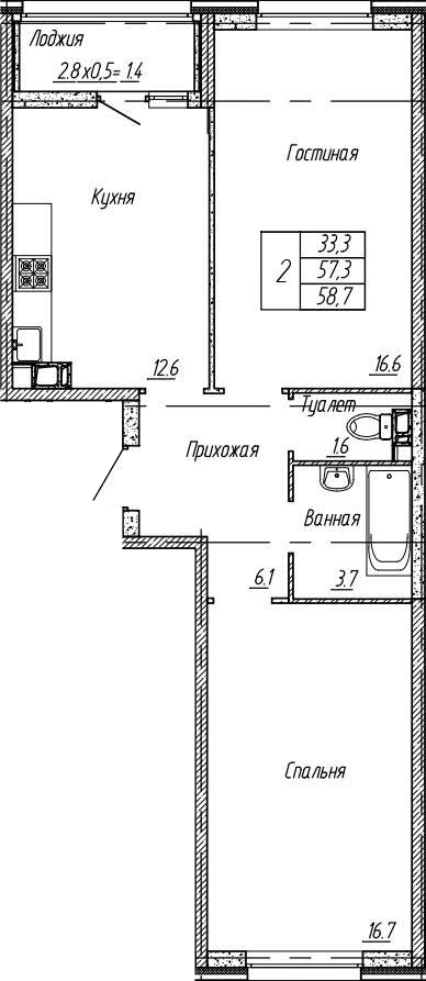 2-комн., 57.3 м², 5/18 этаж, ЖК «Архитектор. ГК ЮгСтройИнвест»