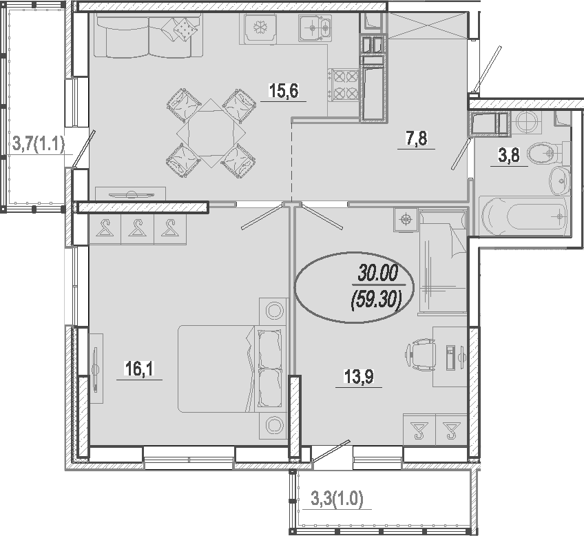 3-комн., 57.2 м²