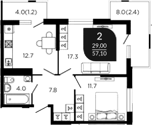 2-комн., 54.6 м², 14/22 этаж, ЖК «Отражение»