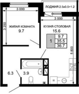 1-комн., 35.5 м², 8/16 этаж, ЖК «Дыхание»