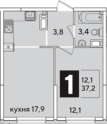 2-комн., 37.2 м², 11/16 этаж, ЖК «Самолет»