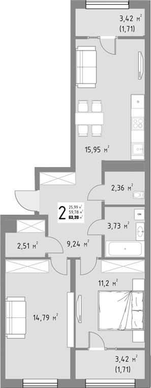 Продается 2-комн. квартира, 59.78 м²