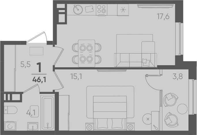 1-комн., 42.3 м², 6/9 этаж, ЖК «Барса»