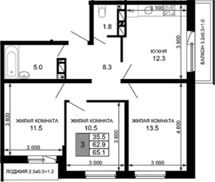 3-комн., 62.9 м², 5/16 этаж, ЖК «Дыхание»