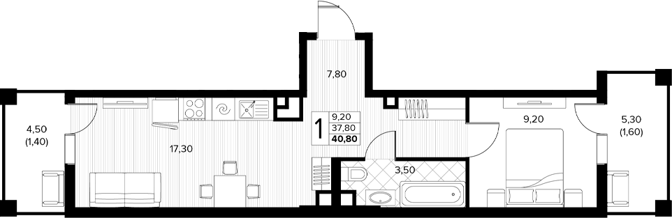 1-комн., 37.8 м², 2/7 этаж, ЖК «Кипарис»