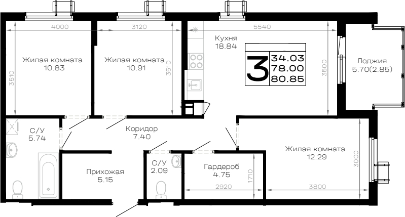 3-комн., 78 м², 4/4 этаж, ЖК «Усадьба Гостагаевская»